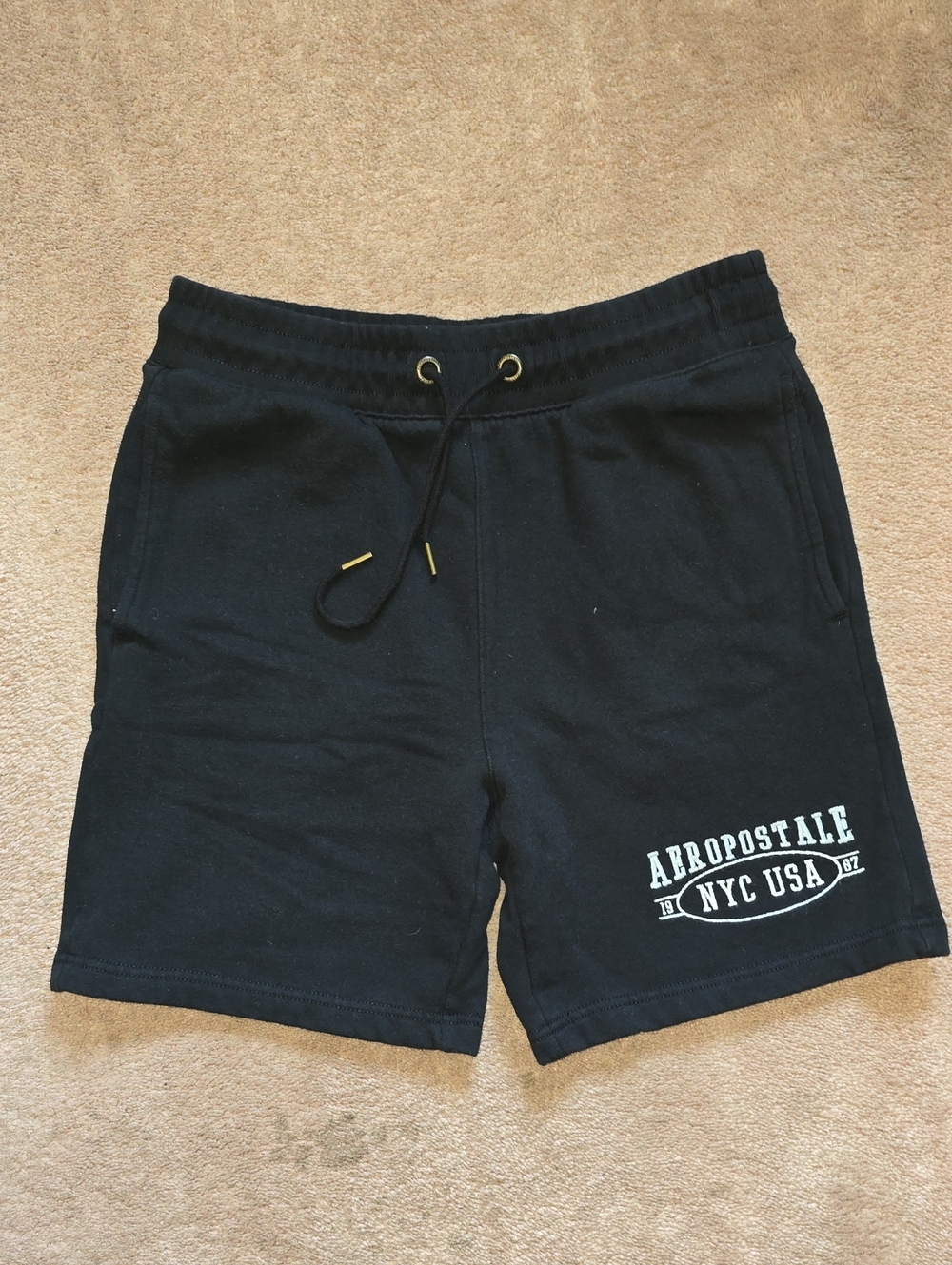 Aeropostale Men's Black Athletic Drawstring Shorts with White Logo. Sixe SMALL